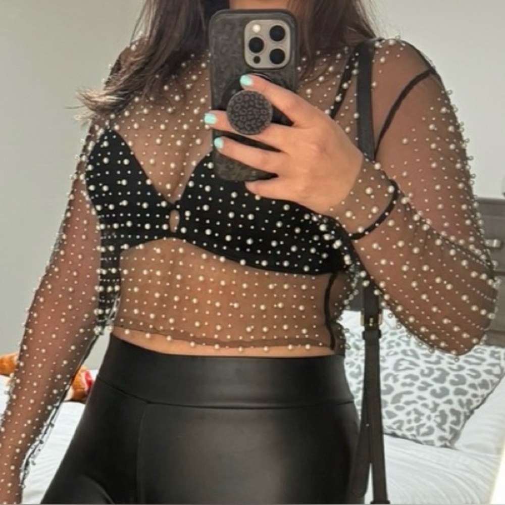 Sheer Black Long Sleeve Top with Silver Accents & Pearls